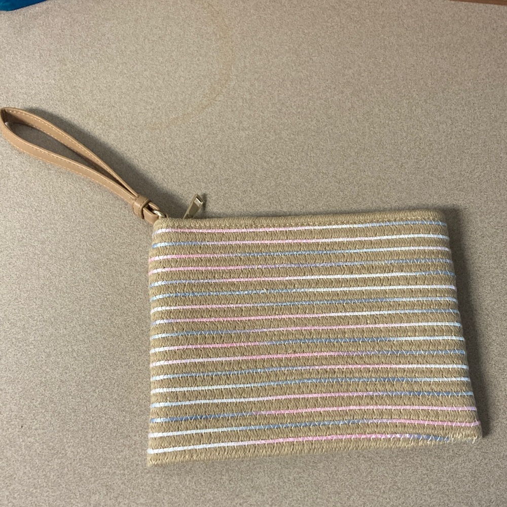 Striped Tan Wristlet Clutch - Multi-Color Accent